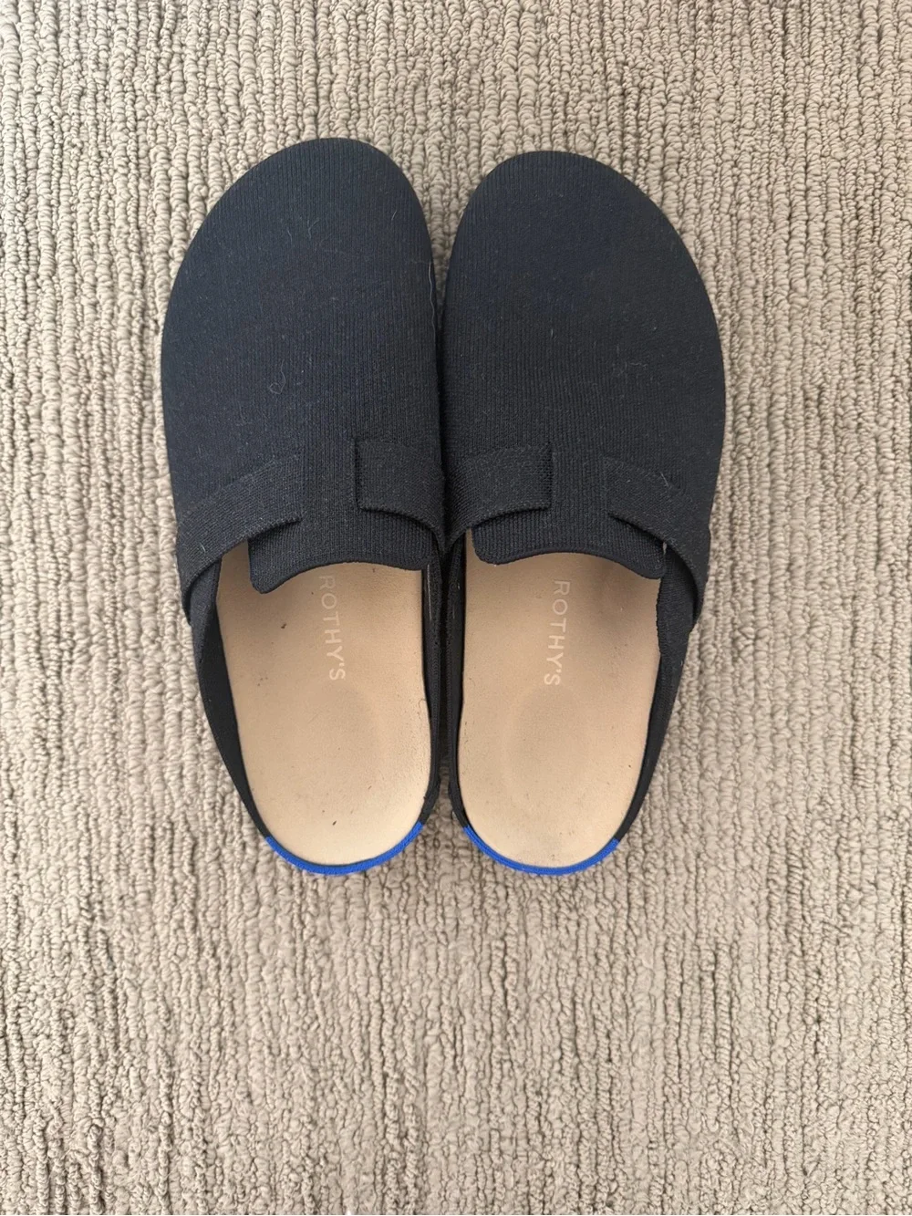 Rothy's Black Slip-On Loafers with Blue Heel Accent